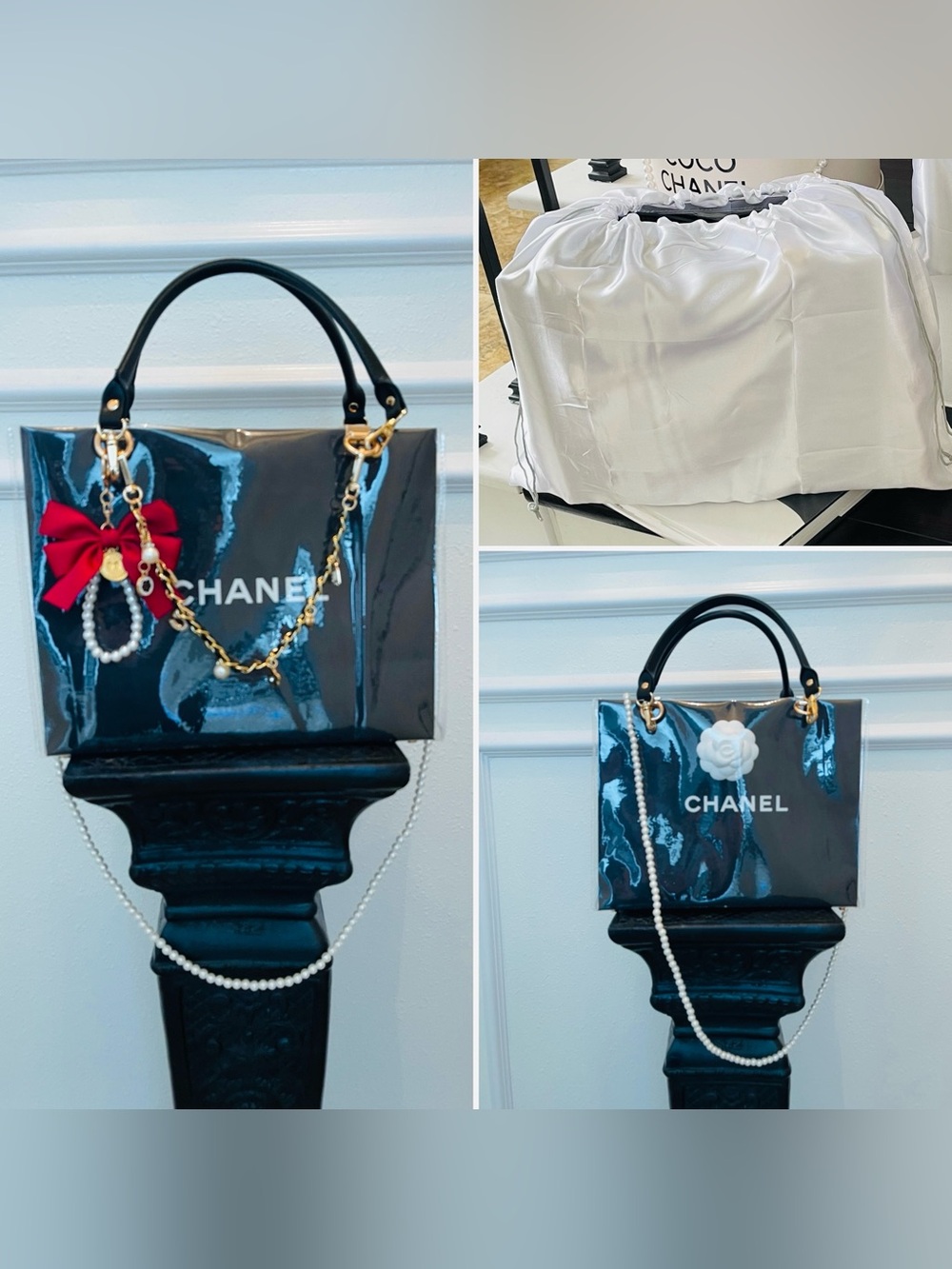 Chanel Black Medium PVC Tote with Bow and Pearl Chain